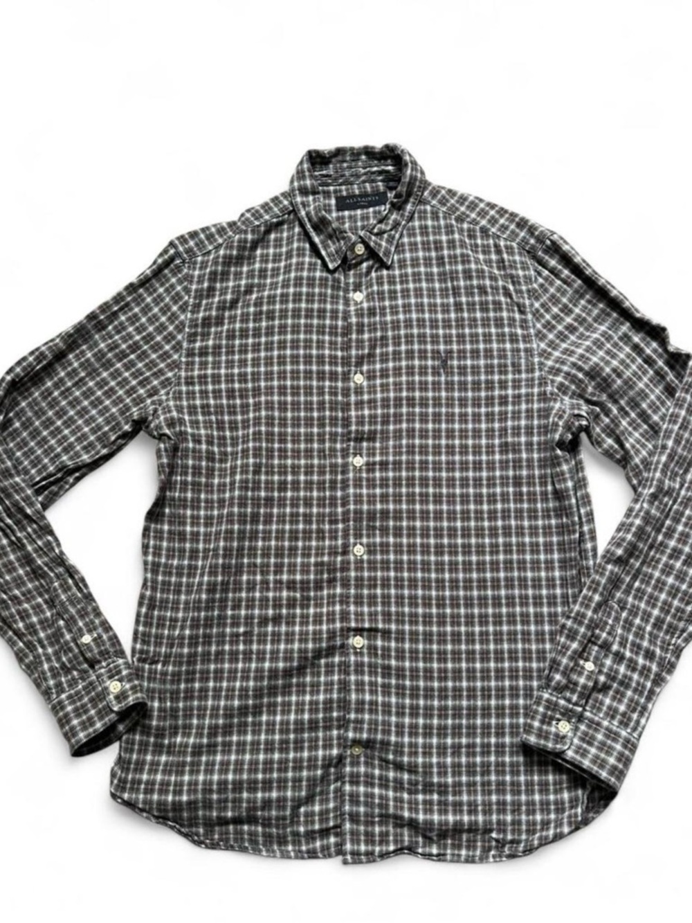 ALL SAINTS Brown Plaid Flannel Button Up Logo Long Sleeve Shirt